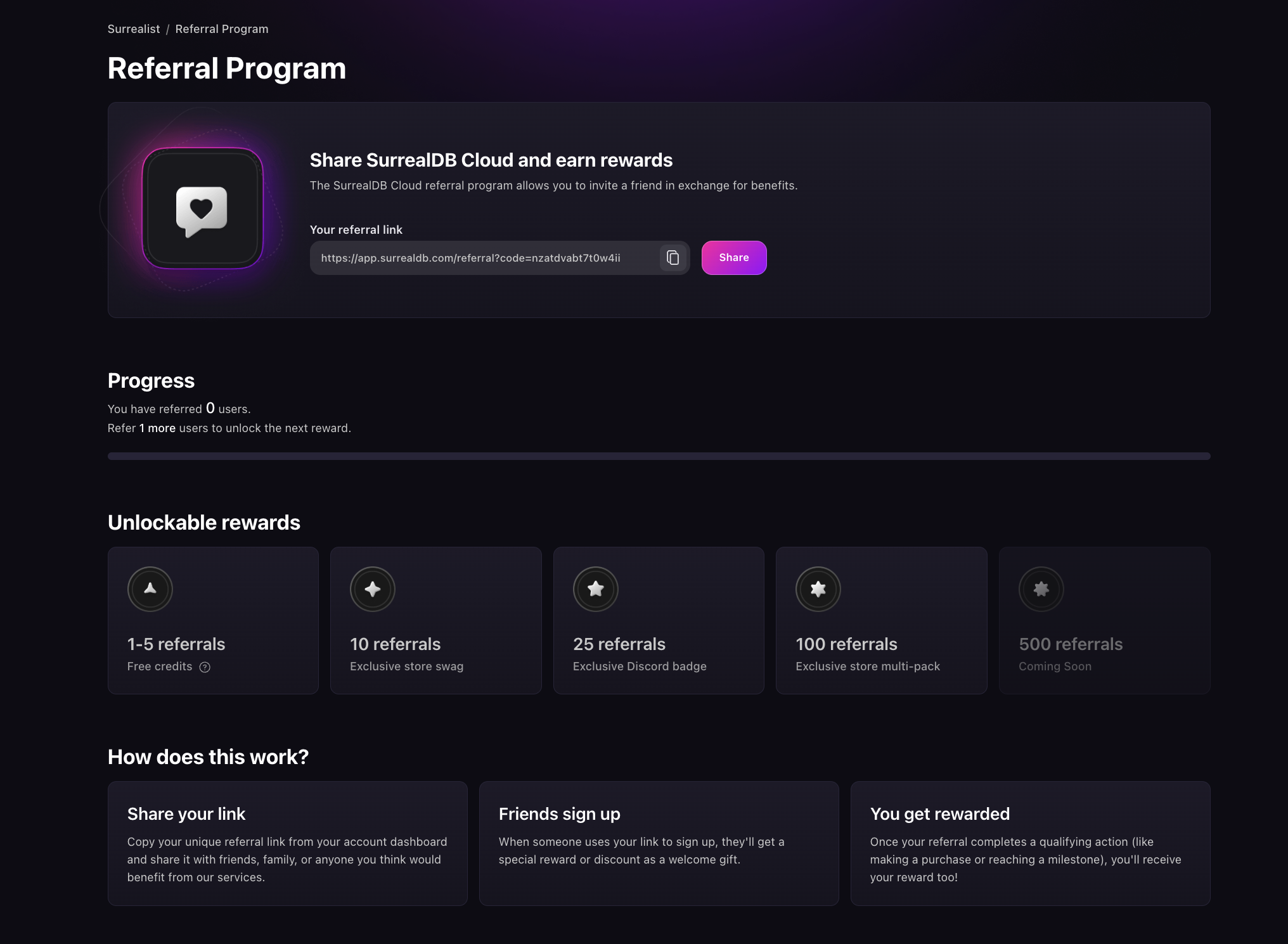 SurrealDB Cloud referrals